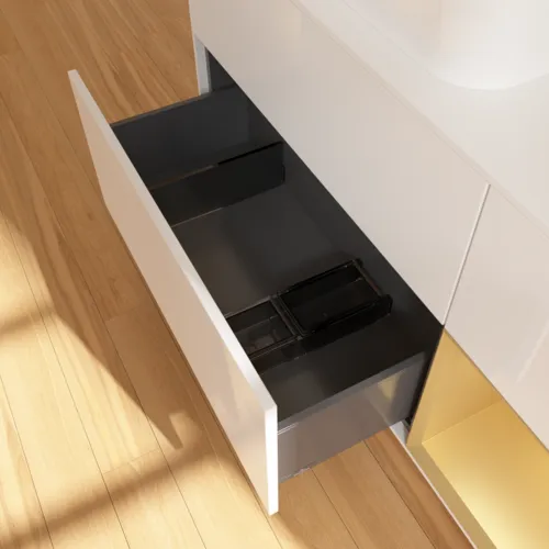VILLEROY BOCH Toaletní skříňka Finion, s osvětlením, 3 výsuvy, 1200 x 603 x 501 mm, lesklý bílý lak / zlatý matný lak / bílé matné sklo #F691HFGF, obrázek 5