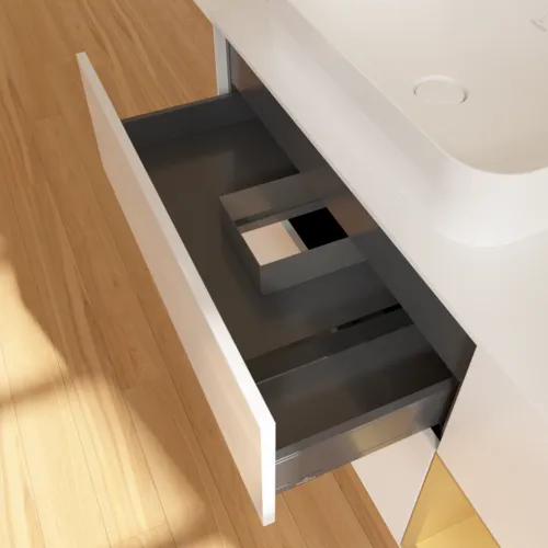 VILLEROY BOCH Toaletní skříňka Finion, s osvětlením, 3 výsuvy, 1200 x 603 x 501 mm, lesklý bílý lak / zlatý matný lak / bílé matné sklo #F691HFGF, obrázek 6