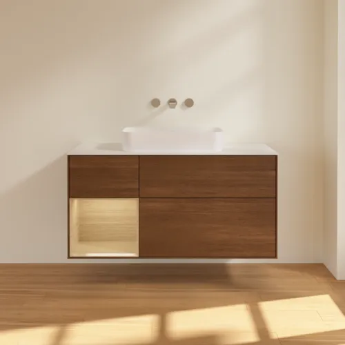 VILLEROY BOCH Toaletní skříňka Finion, s osvětlením, 3 výsuvy, 1200 x 603 x 501 mm, ořechová dýha / dubová dýha / sklo bílé matné #F701PCGN, obrázek 2