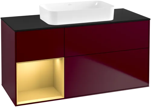 VILLEROY BOCH Toaletní skříňka Finion, s osvětlením, 3 výsuvy, 1200 x 603 x 501 mm, Peony Matt Lacquer / Gold Matt Lacquer / Glass Black Matt #F702HFHB