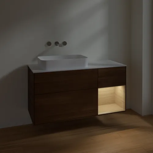 VILLEROY BOCH Toaletní skříňka Finion, s osvětlením, 3 výsuvy, 1200 x 603 x 501 mm, ořechová dýha / dubová dýha / sklo bílé matné #F691PCGN, obrázek 3