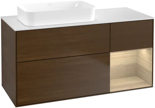 VILLEROY BOCH Toaletní skříňka Finion, s osvětlením, 3 výsuvy, 1200 x 603 x 501 mm, ořechová dýha / dubová dýha / sklo bílé matné #F691PCGN