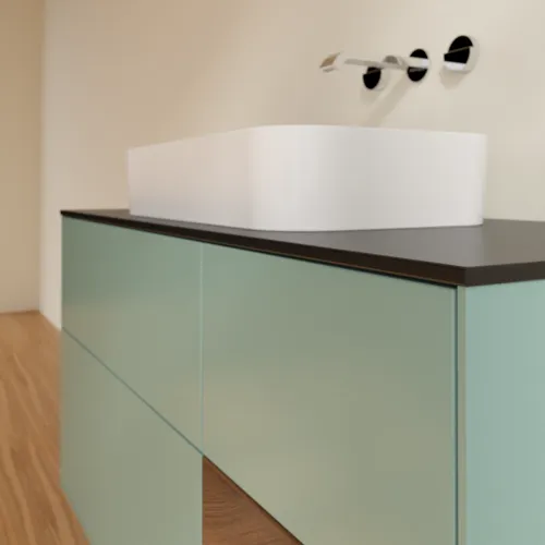 VILLEROY BOCH Toaletní skříňka Finion, s osvětlením, 3 výsuvy, 1200 x 603 x 501 mm, olivový matný lak / ořechová dýha / černé matné sklo #F712GNGM, obrázek 4