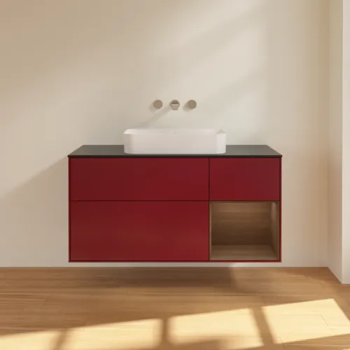 VILLEROY BOCH Toaletní skříňka Finion, s osvětlením, 3 výsuvy, 1200 x 603 x 501 mm, matný lak Peony / ořechová dýha / černé matné sklo #F712GNHB, obrázek 2