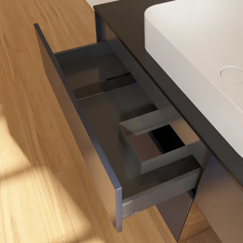 VILLEROY BOCH Toaletní skříňka Finion, s osvětlením, 3 výsuvy, 1200 x 603 x 501 mm, půlnočně modrý matný lak / ořechová dýha / černé matné sklo #F712GNHG, obrázek 6