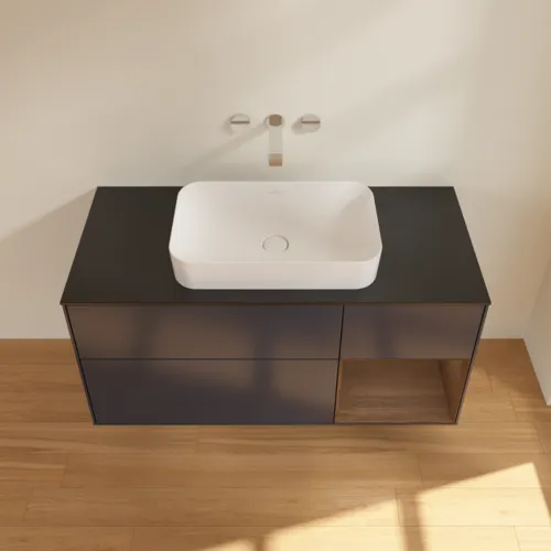 VILLEROY BOCH Toaletní skříňka Finion, s osvětlením, 3 výsuvy, 1200 x 603 x 501 mm, půlnočně modrý matný lak / ořechová dýha / černé matné sklo #F712GNHG, obrázek 3