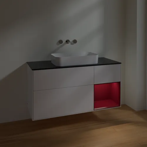 VILLEROY BOCH Toaletní skříňka Finion, s osvětlením, 3 výsuvy, 1200 x 603 x 501 mm, bílý matný lak / pivoňkový matný lak / černé matné sklo #F712HBMT, obrázek 4