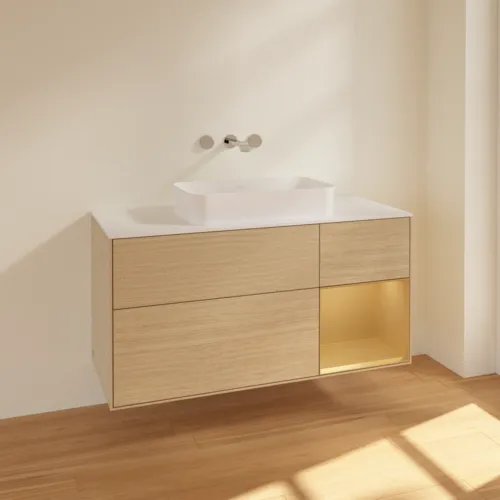VILLEROY BOCH Toaletní skříňka Finion, s osvětlením, 3 výsuvy, 1200 x 603 x 501 mm, dubová dýha / zlatý matný lak / sklo bílé matné #F711HFPC, obrázek 2