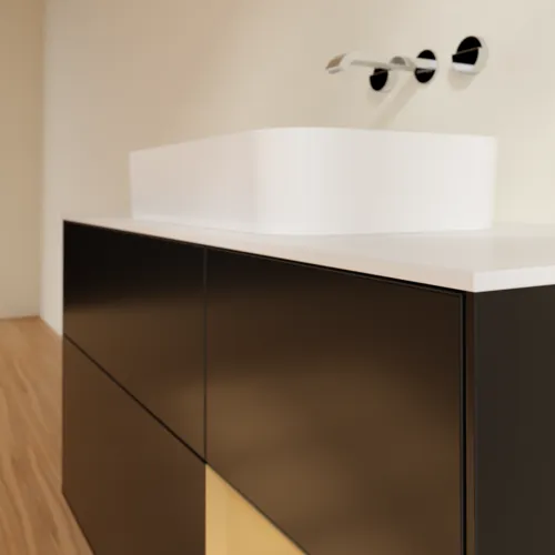 VILLEROY BOCH Toaletní skříňka Finion, s osvětlením, 3 výsuvy, 1200 x 603 x 501 mm, černý matný lak / zlatý matný lak / bílé matné sklo #F711HFPD, obrázek 4