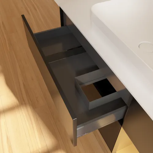 VILLEROY BOCH Toaletní skříňka Finion, s osvětlením, 3 výsuvy, 1200 x 603 x 501 mm, černý matný lak / zlatý matný lak / bílé matné sklo #F711HFPD, obrázek 5