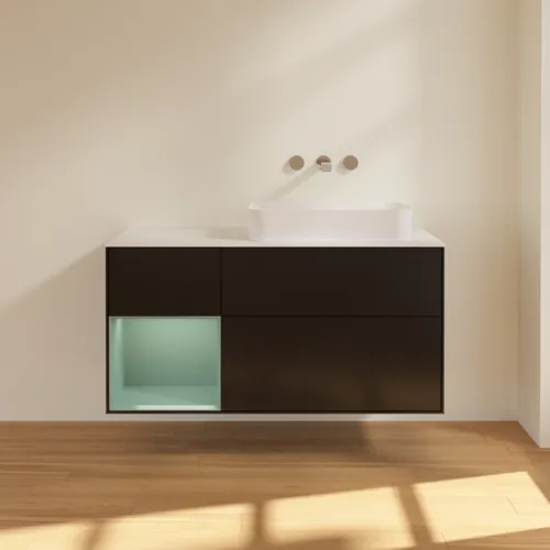 VILLEROY BOCH Toaletní skříňka Finion, s osvětlením, 3 výsuvy, 1200 x 603 x 501 mm, černý matný lak / olivový matný lak / bílé matné sklo #F681GMPD, obrázek 2