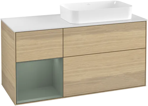VILLEROY BOCH Toaletní skříňka Finion, s osvětlením, 3 výsuvy, 1200 x 603 x 501 mm, dubová dýha / olivový matný lak / sklo bílé matné #F681GMPC