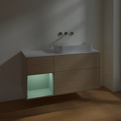 VILLEROY BOCH Toaletní skříňka Finion, s osvětlením, 3 výsuvy, 1200 x 603 x 501 mm, dubová dýha / olivový matný lak / sklo bílé matné #F681GMPC, obrázek 4