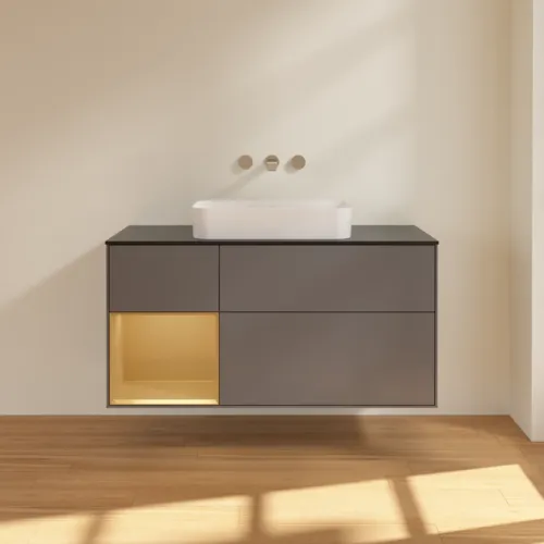 VILLEROY BOCH Toaletní skříňka Finion, s osvětlením, 3 výsuvy, 1200 x 603 x 501 mm, antracit matný lak / zlatý matný lak / černé matné sklo #F702HFGK, obrázek 2