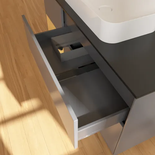 VILLEROY BOCH Toaletní skříňka Finion, s osvětlením, 3 výsuvy, 1200 x 603 x 501 mm, antracit matný lak / zlatý matný lak / černé matné sklo #F702HFGK, obrázek 5
