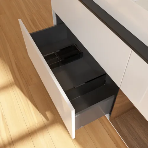 VILLEROY BOCH Toaletní skříňka Finion, s osvětlením, 3 výsuvy, 1200 x 603 x 501 mm, lesklý bílý lak / ořechová dýha / černé matné sklo #F712GNGF, obrázek 6