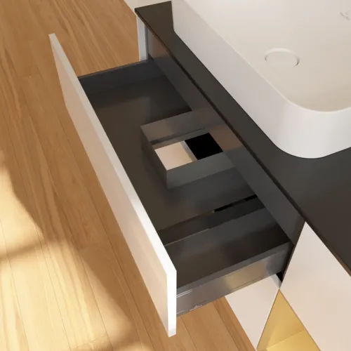 VILLEROY BOCH Toaletní skříňka Finion, s osvětlením, 3 výsuvy, 1200 x 603 x 501 mm, lesklý bílý lak / zlatý matný lak / černé matné sklo #F692HFGF, obrázek 4