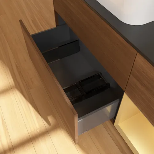 VILLEROY BOCH Toaletní skříňka Finion, s osvětlením, 3 výsuvy, 1200 x 603 x 501 mm, ořechová dýha / zlatý matný lak / černé matné sklo #F692HFGN, obrázek 5