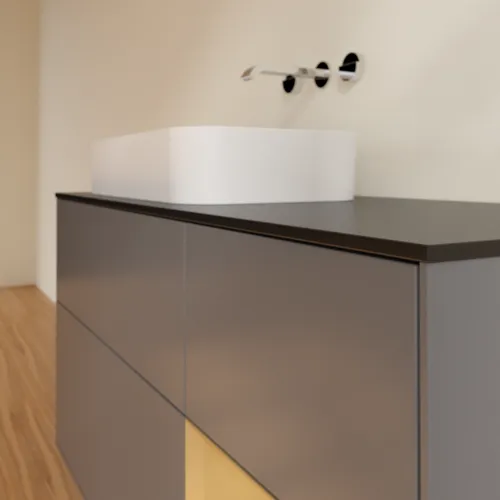 VILLEROY BOCH Toaletní skříňka Finion, s osvětlením, 3 výsuvy, 1200 x 603 x 501 mm, antracit matný lak / zlatý matný lak / černé matné sklo #F692HFGK, obrázek 3