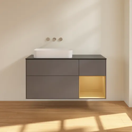 VILLEROY BOCH Toaletní skříňka Finion, s osvětlením, 3 výsuvy, 1200 x 603 x 501 mm, antracit matný lak / zlatý matný lak / černé matné sklo #F692HFGK, obrázek 2