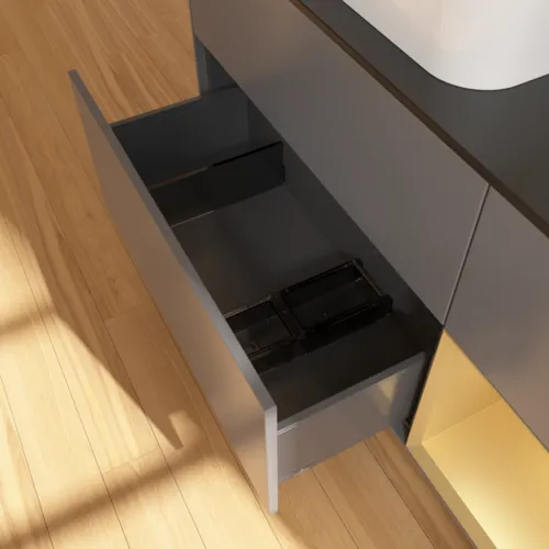 VILLEROY BOCH Toaletní skříňka Finion, s osvětlením, 3 výsuvy, 1200 x 603 x 501 mm, antracit matný lak / zlatý matný lak / černé matné sklo #F692HFGK, obrázek 4