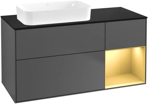 VILLEROY BOCH Toaletní skříňka Finion, s osvětlením, 3 výsuvy, 1200 x 603 x 501 mm, antracit matný lak / zlatý matný lak / černé matné sklo #F692HFGK