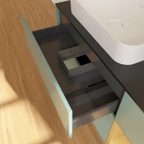 VILLEROY BOCH Toaletní skříňka Finion, s osvětlením, 3 výsuvy, 1200 x 603 x 501 mm, olivový matný lak / zlatý matný lak / černé matné sklo #F692HFGM, obrázek 5