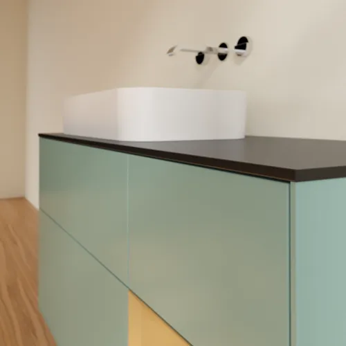 VILLEROY BOCH Toaletní skříňka Finion, s osvětlením, 3 výsuvy, 1200 x 603 x 501 mm, olivový matný lak / zlatý matný lak / černé matné sklo #F692HFGM, obrázek 4