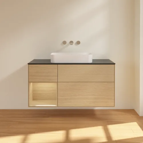 VILLEROY BOCH Toaletní stolek Finion, s osvětlením, 3 výsuvy, 1200 x 603 x 501 mm, dubová dýha / dubová dýha / sklo černé matné #F702PCPC, obrázek 3