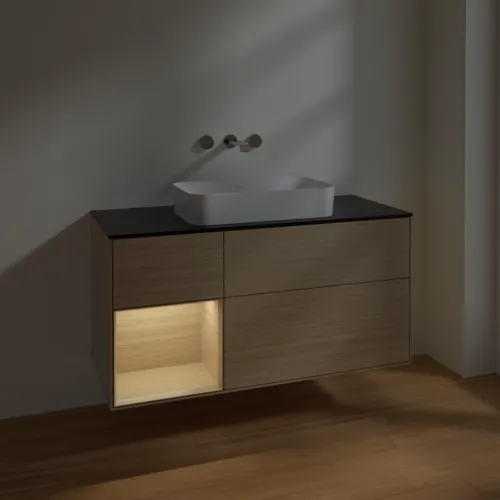 VILLEROY BOCH Toaletní stolek Finion, s osvětlením, 3 výsuvy, 1200 x 603 x 501 mm, dubová dýha / dubová dýha / sklo černé matné #F702PCPC, obrázek 4