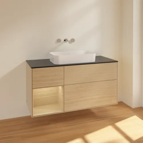 VILLEROY BOCH Toaletní stolek Finion, s osvětlením, 3 výsuvy, 1200 x 603 x 501 mm, dubová dýha / dubová dýha / sklo černé matné #F702PCPC, obrázek 2