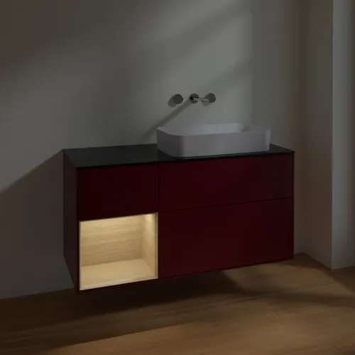 VILLEROY BOCH Toaletní skříňka Finion, s osvětlením, 3 výsuvy, 1200 x 603 x 501 mm, matný lak Peony / dubová dýha / černé matné sklo #F682PCHB, obrázek 3