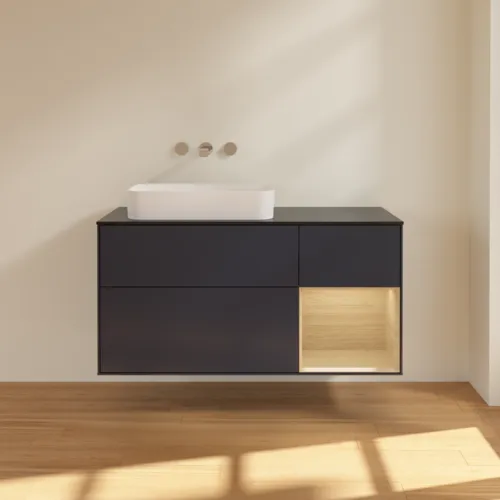 VILLEROY BOCH Toaletní skříňka Finion, s osvětlením, 3 výsuvy, 1200 x 603 x 501 mm, Midnight Blue Matt Lacquer / Oak Veneer / Glass Black Matt #F692PCHG, obrázek 2