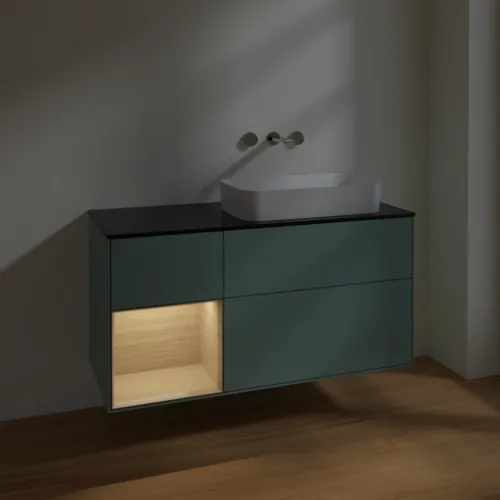 VILLEROY BOCH Toaletní skříňka Finion, s osvětlením, 3 výsuvy, 1200 x 603 x 501 mm, olivový matný lak / dubová dýha / sklo černé matné #F682PCGM, obrázek 4