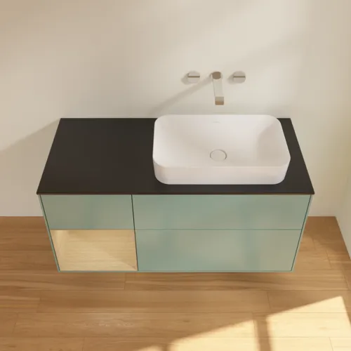 VILLEROY BOCH Toaletní skříňka Finion, s osvětlením, 3 výsuvy, 1200 x 603 x 501 mm, olivový matný lak / dubová dýha / sklo černé matné #F682PCGM, obrázek 3