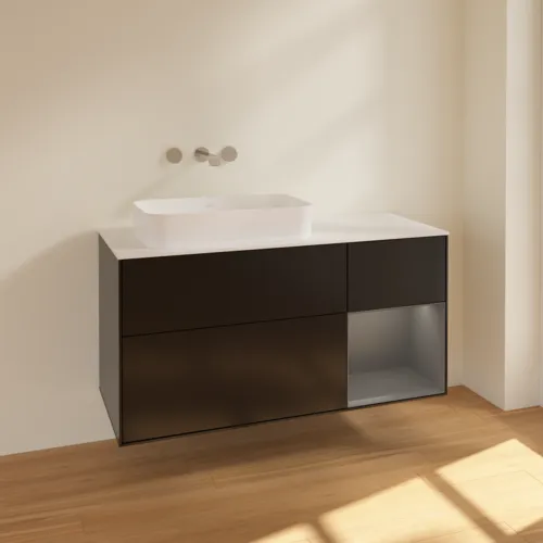 VILLEROY BOCH Toaletní skříňka Finion, s osvětlením, 3 výsuvy, 1200 x 603 x 501 mm, černý matný lak / antracitový matný lak / bílé matné sklo #F691GKPD, obrázek 2
