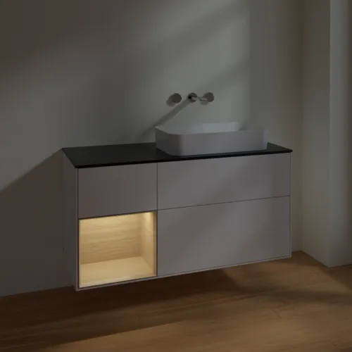 VILLEROY BOCH Toaletní skříňka Finion, s osvětlením, 3 výsuvy, 1200 x 603 x 501 mm, lesklý bílý lak / dubová dýha / černé matné sklo #F682PCGF, obrázek 4