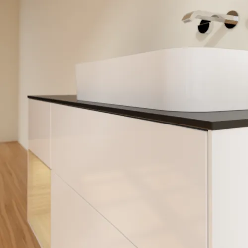 VILLEROY BOCH Toaletní skříňka Finion, s osvětlením, 3 výsuvy, 1200 x 603 x 501 mm, lesklý bílý lak / dubová dýha / černé matné sklo #F682PCGF, obrázek 5