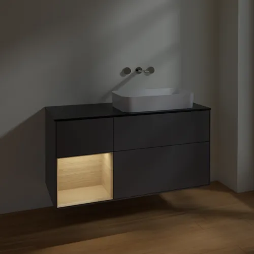 VILLEROY BOCH Toaletní skříňka Finion, s osvětlením, 3 výsuvy, 1200 x 603 x 501 mm, antracitový matný lak / dubová dýha / černé matné sklo #F682PCGK, obrázek 3