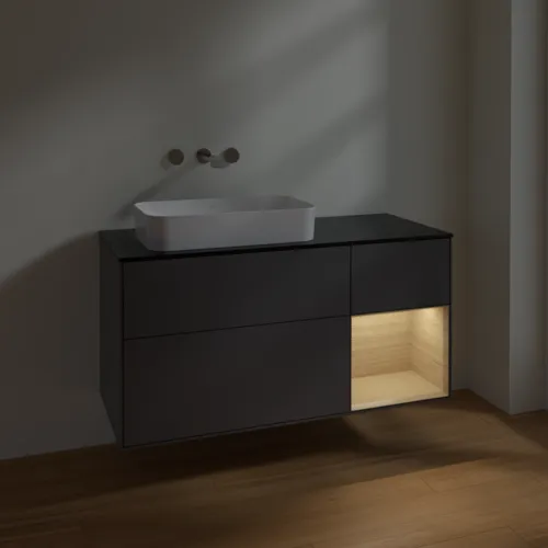 VILLEROY BOCH Toaletní skříňka Finion, s osvětlením, 3 výsuvy, 1200 x 603 x 501 mm, antracitový matný lak / dubová dýha / černé matné sklo #F692PCGK, obrázek 4