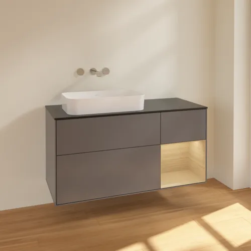 VILLEROY BOCH Toaletní skříňka Finion, s osvětlením, 3 výsuvy, 1200 x 603 x 501 mm, antracitový matný lak / dubová dýha / černé matné sklo #F692PCGK, obrázek 2