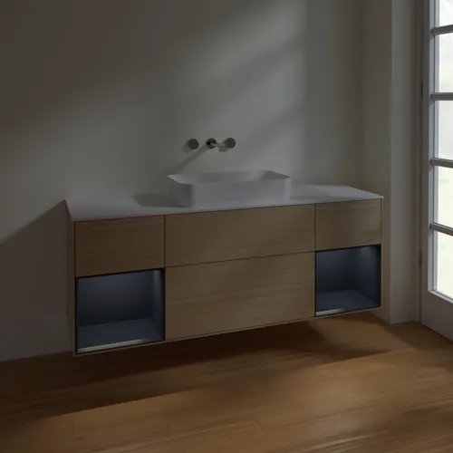 VILLEROY BOCH Toaletní skříňka Finion, s osvětlením, 4 výsuvy, 1600 x 603 x 501 mm, dubová dýha / půlnočně modrý matný lak / bílé matné sklo #F741HGPC, obrázek 5