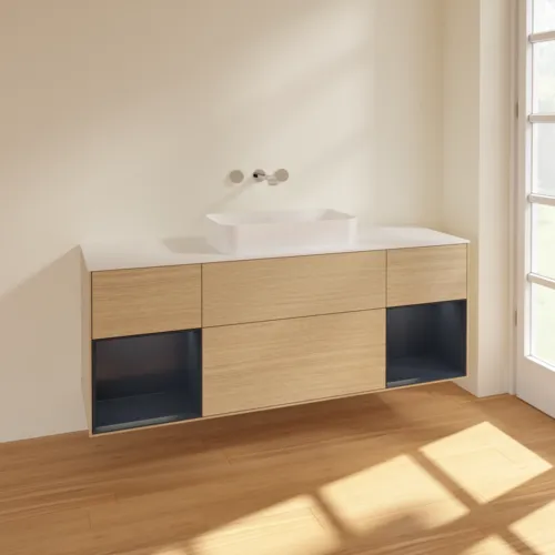 VILLEROY BOCH Toaletní skříňka Finion, s osvětlením, 4 výsuvy, 1600 x 603 x 501 mm, dubová dýha / půlnočně modrý matný lak / bílé matné sklo #F741HGPC, obrázek 2