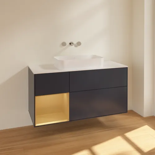 VILLEROY BOCH Toaletní skříňka Finion, s osvětlením, 3 výsuvy, 1200 x 603 x 501 mm, Midnight Blue Matt Lacquer / Gold Matt Lacquer / Glass White Matt #F701HFHG, obrázek 2