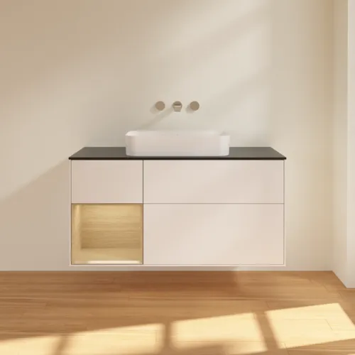 VILLEROY BOCH Toaletní skříňka Finion, s osvětlením, 3 výsuvy, 1200 x 603 x 501 mm, bílý matný lak / dubová dýha / černé matné sklo #F702PCMT, obrázek 2