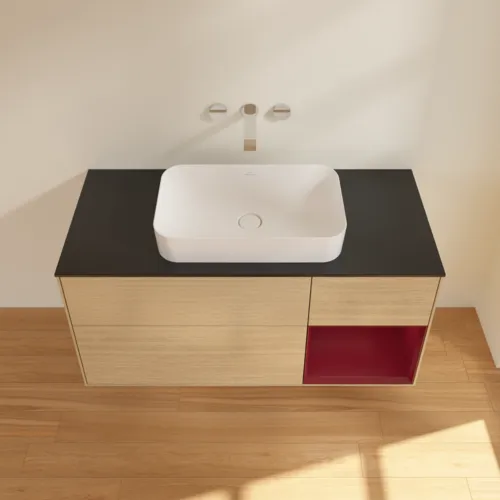 VILLEROY BOCH Toaletní skříňka Finion, s osvětlením, 3 výsuvy, 1200 x 603 x 501 mm, dubová dýha / matný lak Pivoňka / matné černé sklo #F712HBPC, obrázek 3