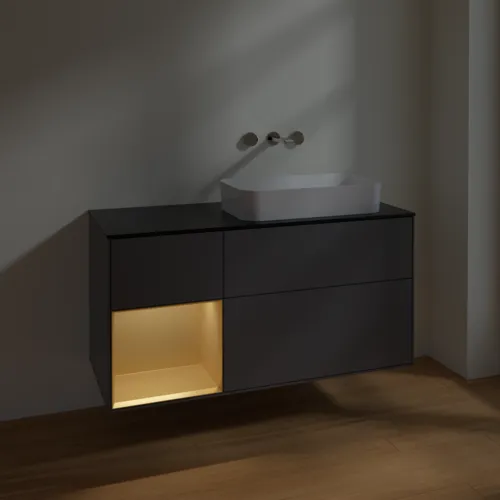 VILLEROY BOCH Toaletní skříňka Finion, s osvětlením, 3 výsuvy, 1200 x 603 x 501 mm, antracit matný lak / zlatý matný lak / černé matné sklo #F682HFGK, obrázek 2