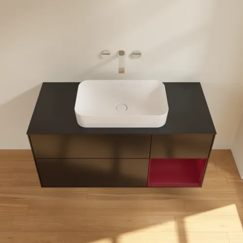 VILLEROY BOCH Toaletní skříňka Finion, s osvětlením, 3 výsuvy, 1200 x 603 x 501 mm, černý matný lak / pivoňkový matný lak / černé matné sklo #F712HBPD, obrázek 3