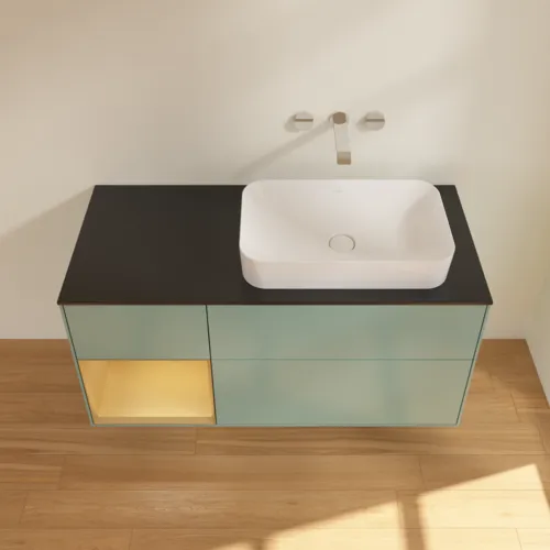 VILLEROY BOCH Toaletní skříňka Finion, s osvětlením, 3 výsuvy, 1200 x 603 x 501 mm, olivový matný lak / zlatý matný lak / černé matné sklo #F682HFGM, obrázek 4