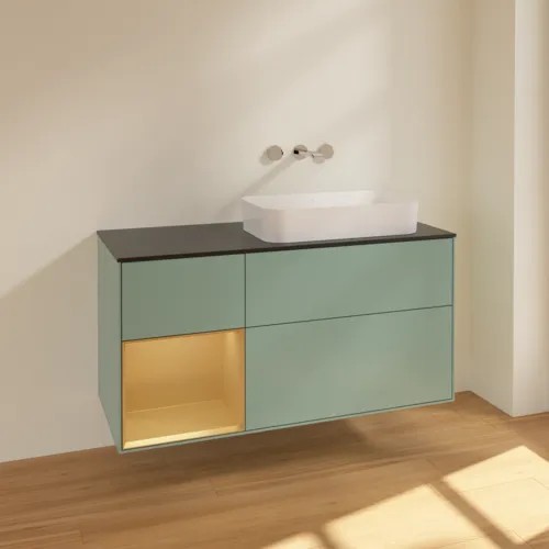 VILLEROY BOCH Toaletní skříňka Finion, s osvětlením, 3 výsuvy, 1200 x 603 x 501 mm, olivový matný lak / zlatý matný lak / černé matné sklo #F682HFGM, obrázek 2